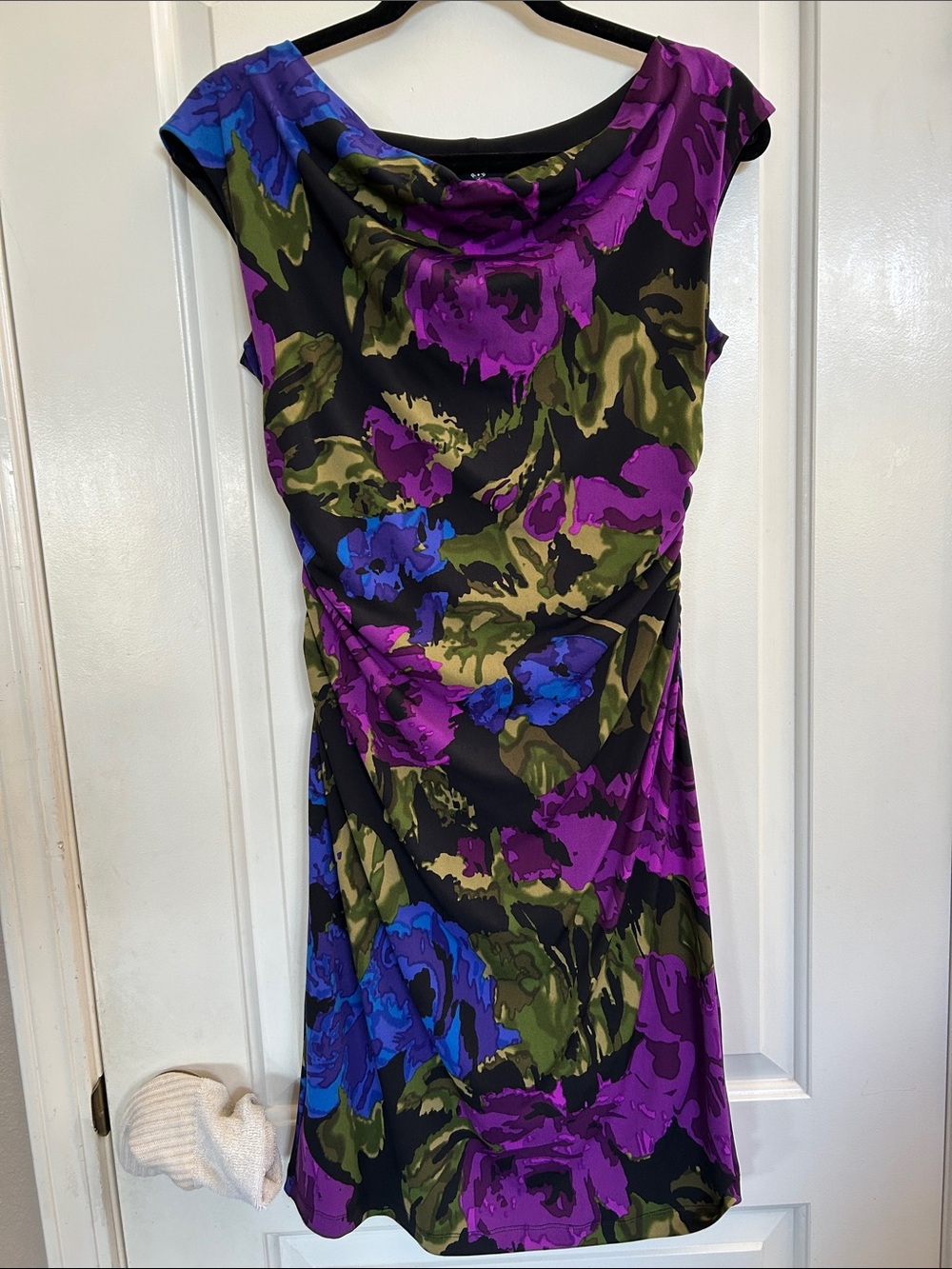 Ronni Nicole Black Shift Dress with Purple, Blue & Olive Floral Print
